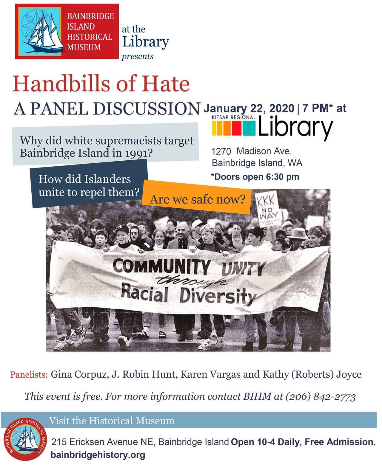 Image courtesy of J. Robin Hunt | “Handbills of Hate,” a panel discussion regarding the presence of white supremacists on Bainbridge in the early 1990s, as well as current local issues of racial equality, will be held at the Bainbridge Public Library at 7 p.m. Wednesday, Jan. 22.