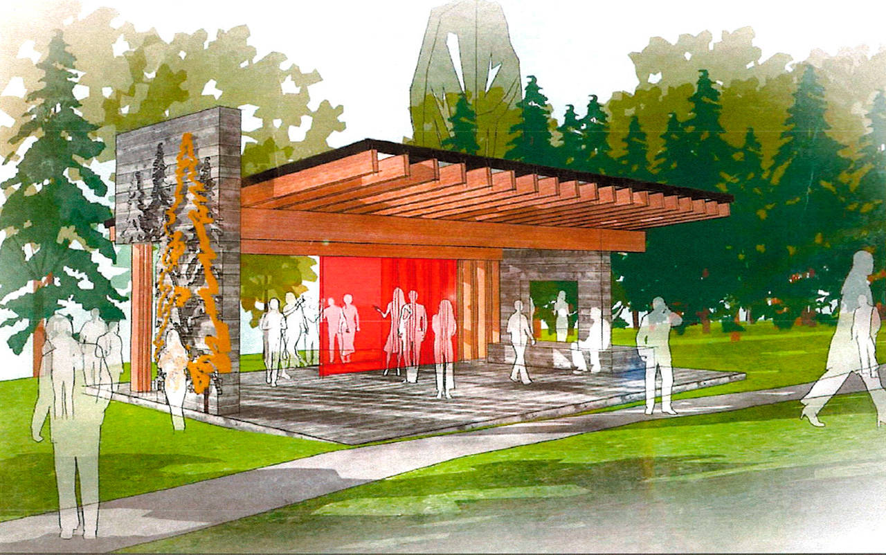 The design of the pavilion in Waterfront Park, from the city’s consultant on the Waterfront Park makeover project in 2016. (Image courtesy of the city of Bainbridge Island)