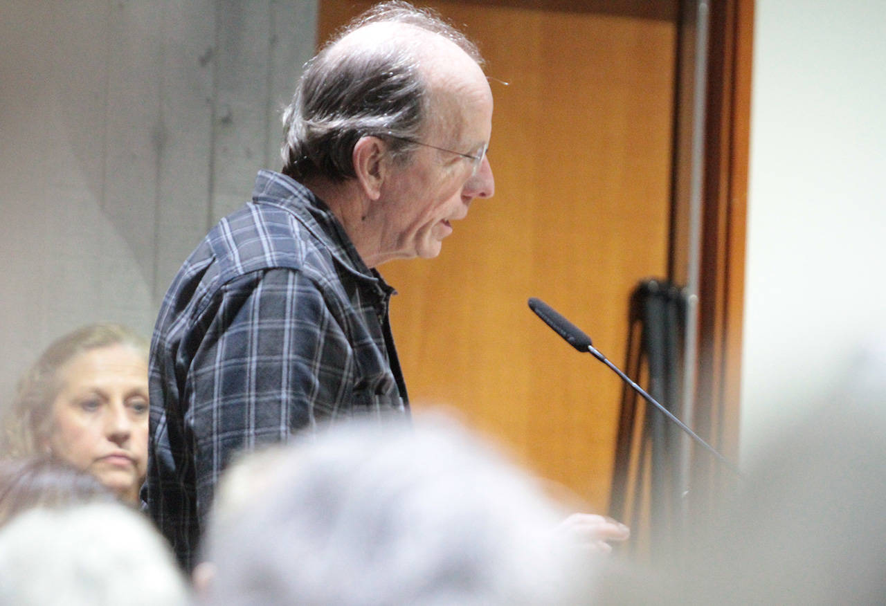 Mike Burns talks about his Winslow Hotel proposal during Thursday’s public hearing. (Brian Kelly | Bainbridge Island Review)