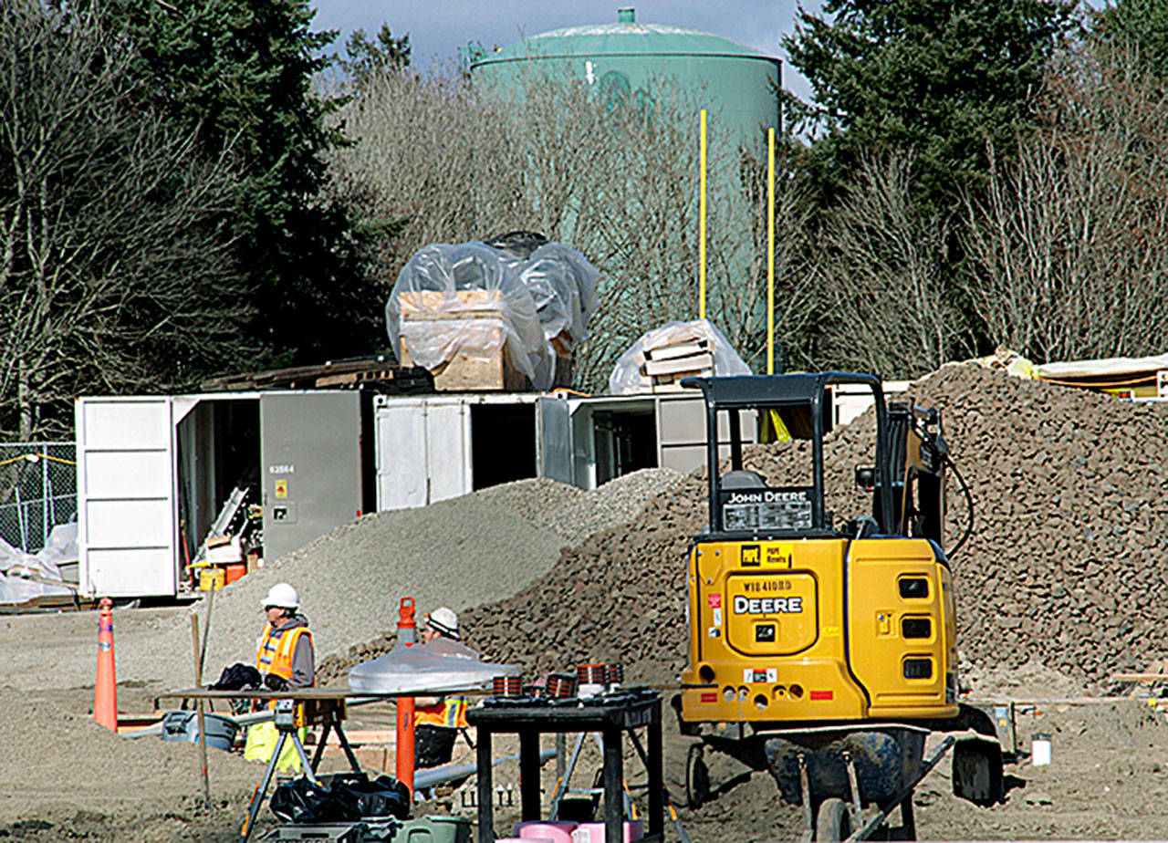 Work continues at the site of the new 100 Building on the Bainbridge High School campus. (Brian Kelly | Bainbridge Island Review)