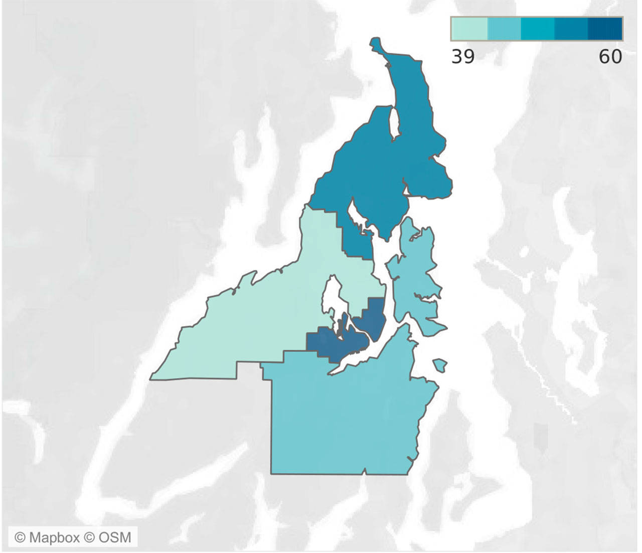 This map shows the number of confirmed cases by 100,000 residents per geographical area in Kitsap County; darker areas have more confirmed cases than lighter areas. (Map courtesy of the Kitsap Public Health District)