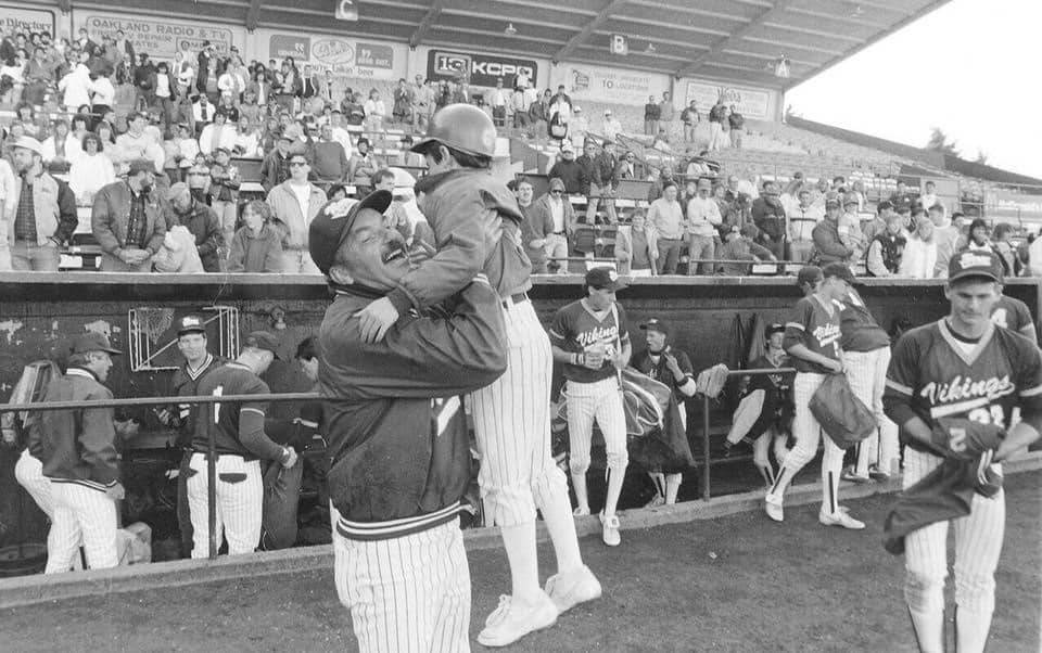 Contributed photo by the Taylor Family                                Virgil Taylor celebrates with his son, David, who served as the bat boy for North Kitsap’s 1988 state championship team.