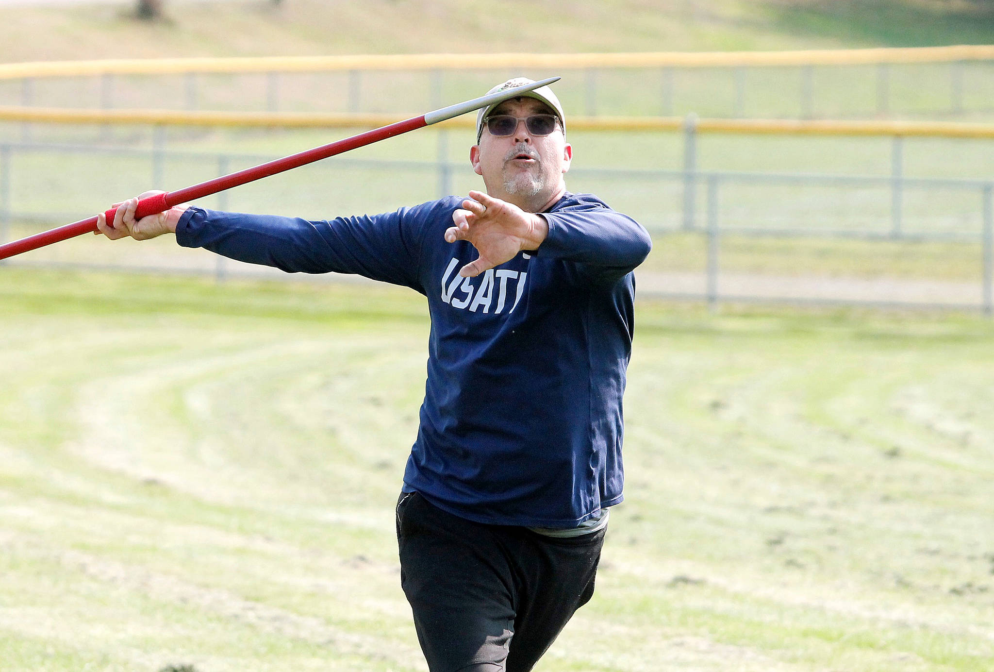 Mark Krulish | Bainbridge Island ReviewKingston resident Jon Claymore is hoping to win the World Masters Virtual Challenge javelin competition in his age group.