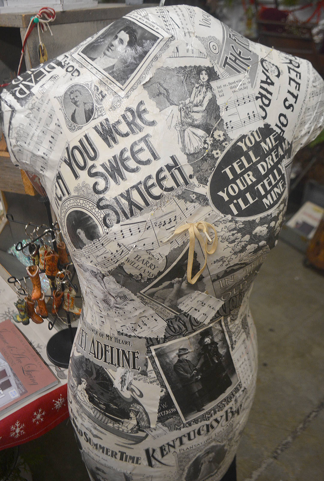 Sharon Trageser used old-style newspaper over a mannequin to make this artwork.