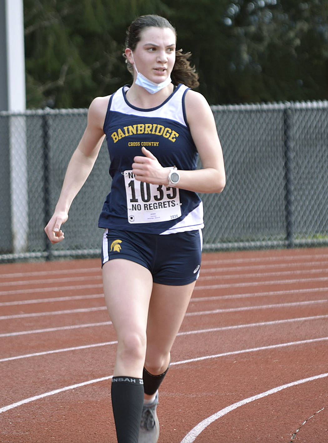 Lucy King makes her way down the track in a dual-meet with Central Kitsap. King finished second in her race behind teammate Eden Michael. (Photo courtesy of Rick Peters).