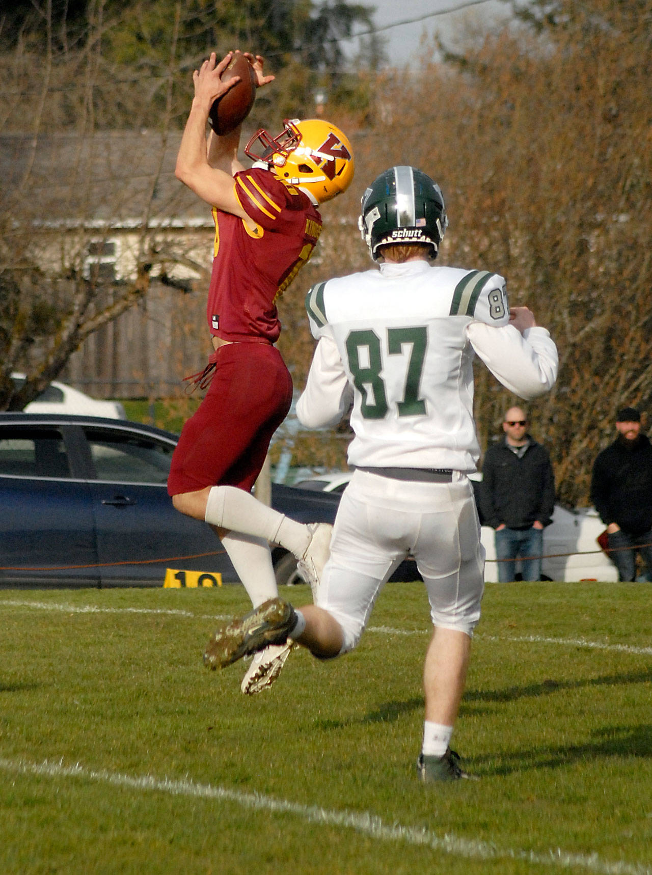 Keith Thorpe/Peninsula News Group
Kingston's Kyler Coe-yarr pulls down an interception from a pass intended for Port Angeles' Cyras Mills in the closing moments of the first half on Saturday in Port Angeles.