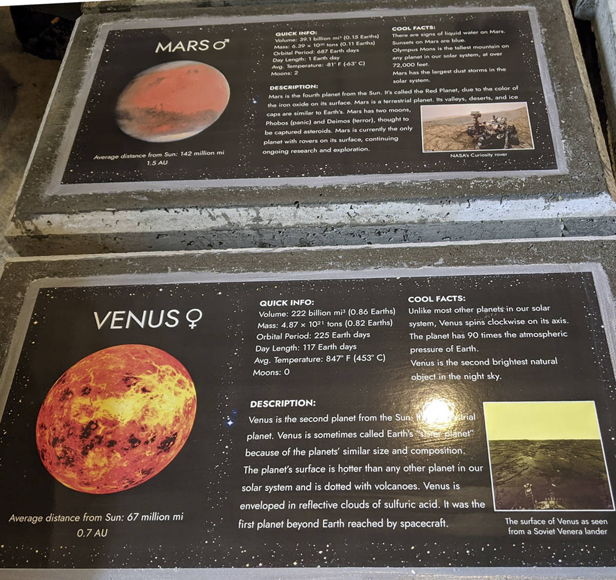 This plaque shows information about Venus, and another about Mars.