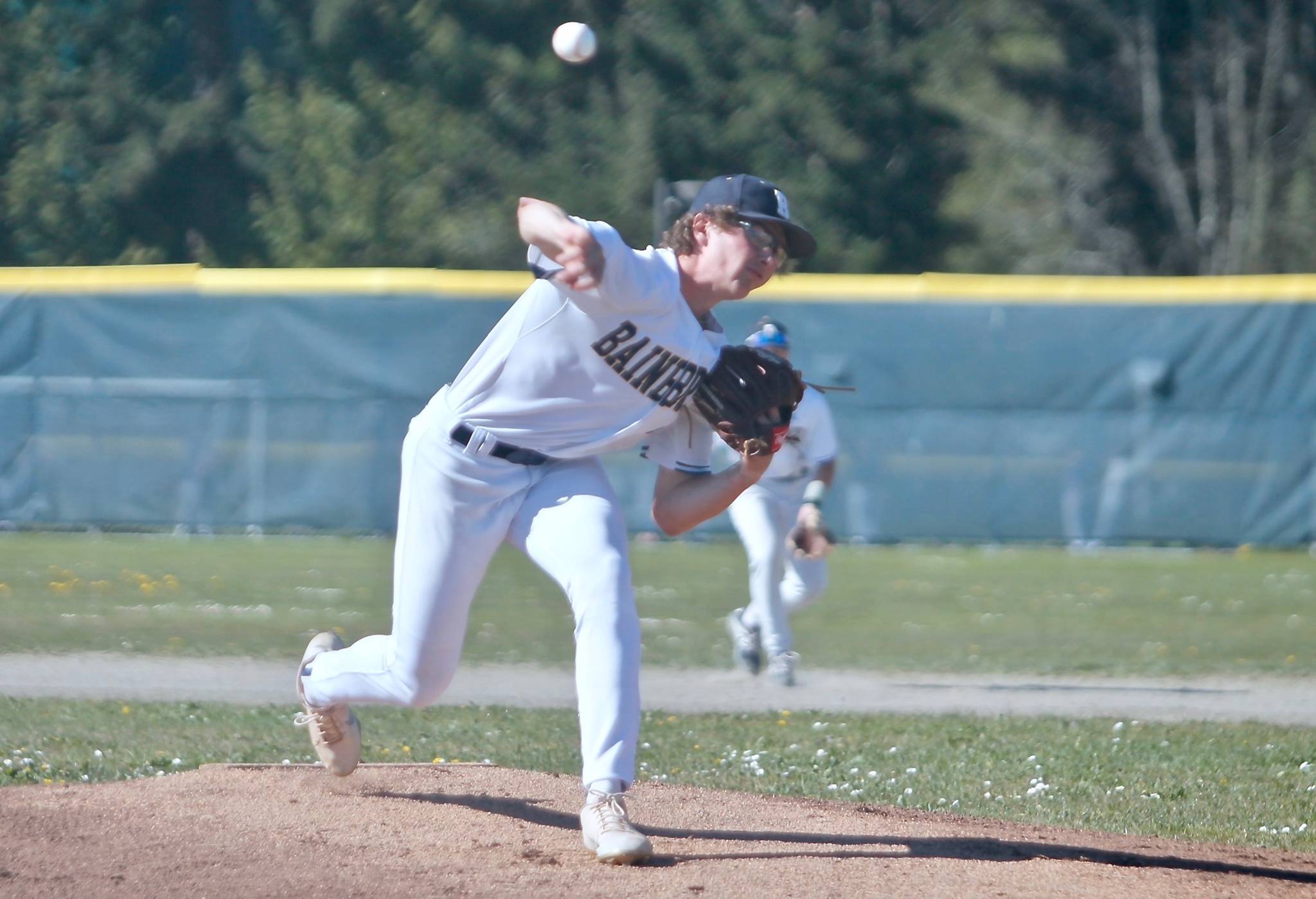 JR Ritchie threw five shutout innings for Bainbridge and also had two singles and a walk in four plate appearances against North Kitsap on Wednesday. (Mark Krulish/Kitsap News Group)