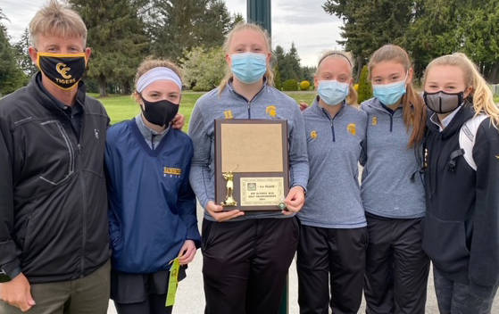 The winning team, left to right: Coach Ian Havill, Charley Halberg, Anna Kozlosky, Elise Walters, Makena Miller and assistant coach Kendall Havill.