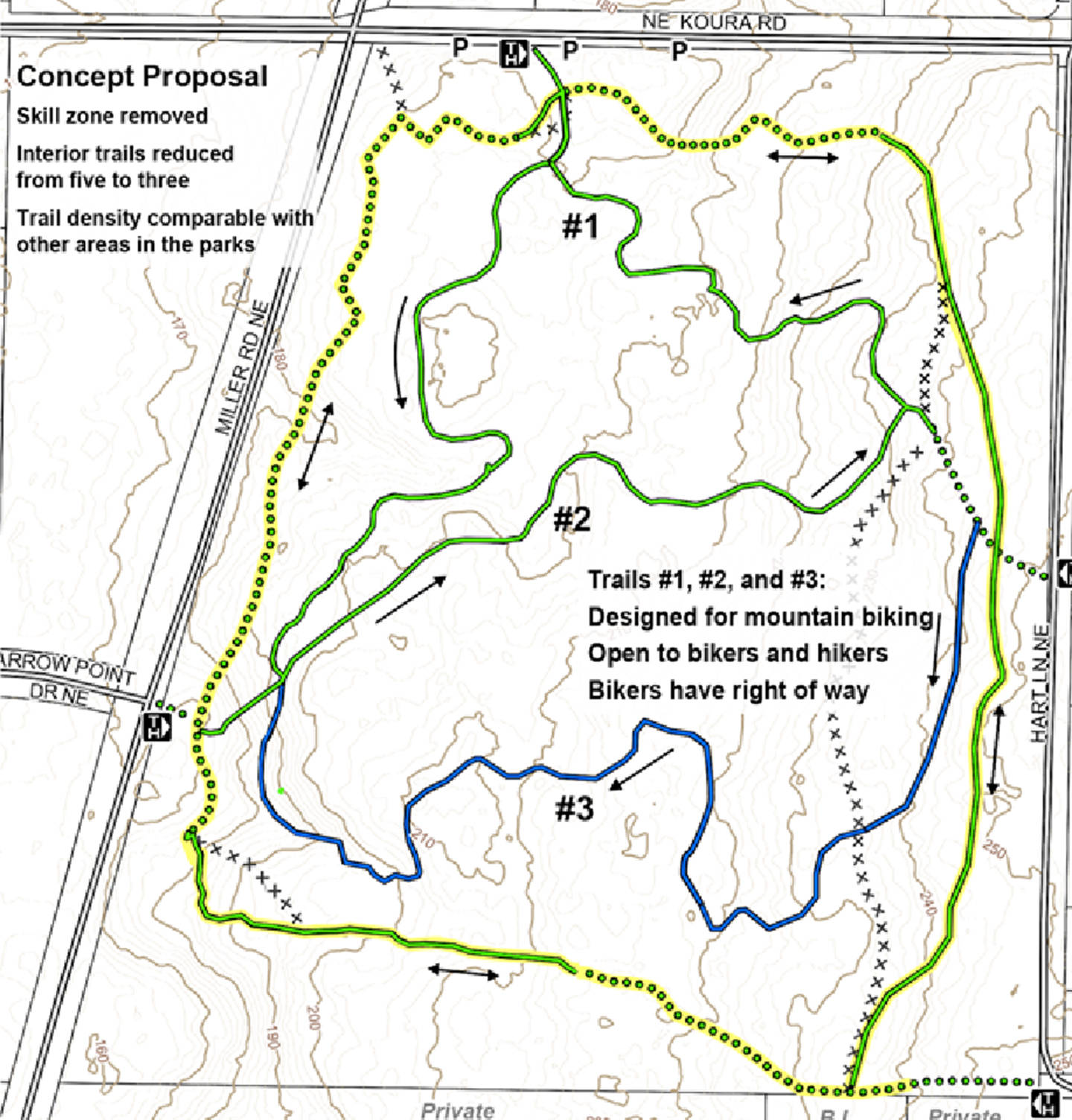 The mountain bike proposal has been reduced from five to three trails. Courtesy map