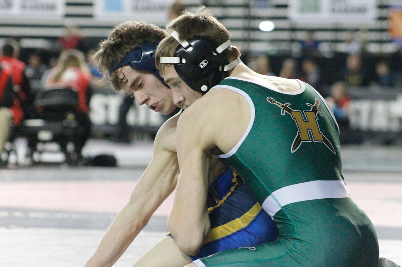 Bainbridge’s Garrett Swanson, shown here at the 2020 Mat Classic at the Tacoma Dome, was the all-league pick for the 106 weight class. (KNG File Photo)