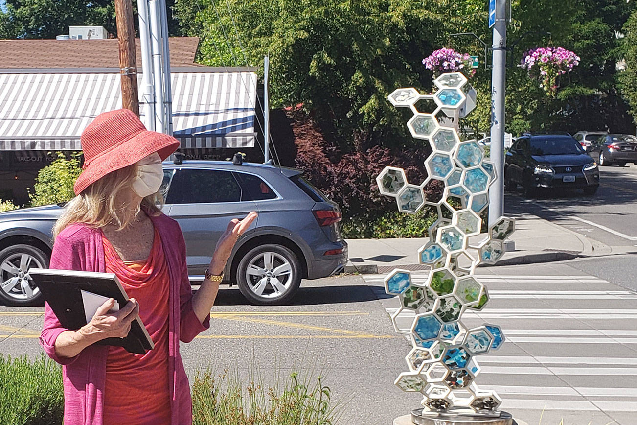 Lin McJunkin talks about Fossil II, the sculpture that she and collaborator Milo White made. Tyler Shuey/Bainbridge Island Review