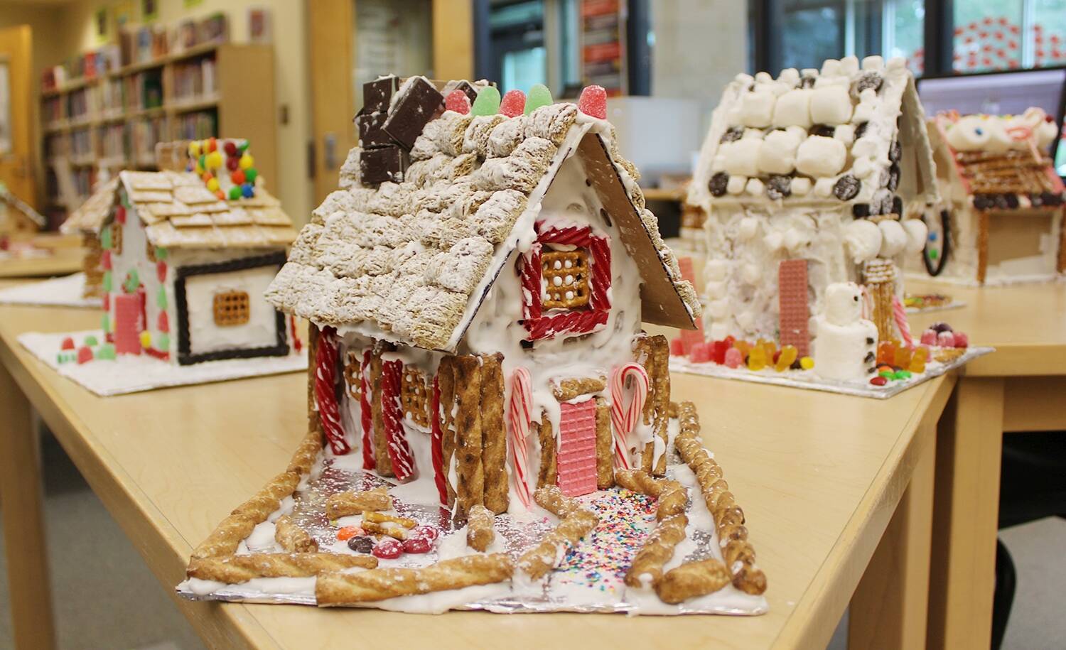 Gingerbread houses made by Bainbridge High School culinary arts students and assembled by sixth-grade students at Sakai.