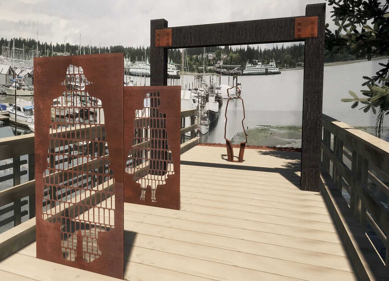 Large, cut-metal 'negative silhouettes,' done by artists Anna Brones and Luc Revel, will depict armed soldiers and departing islanders, powerfully evoking the day of exclusion. Computer-generated courtesy image