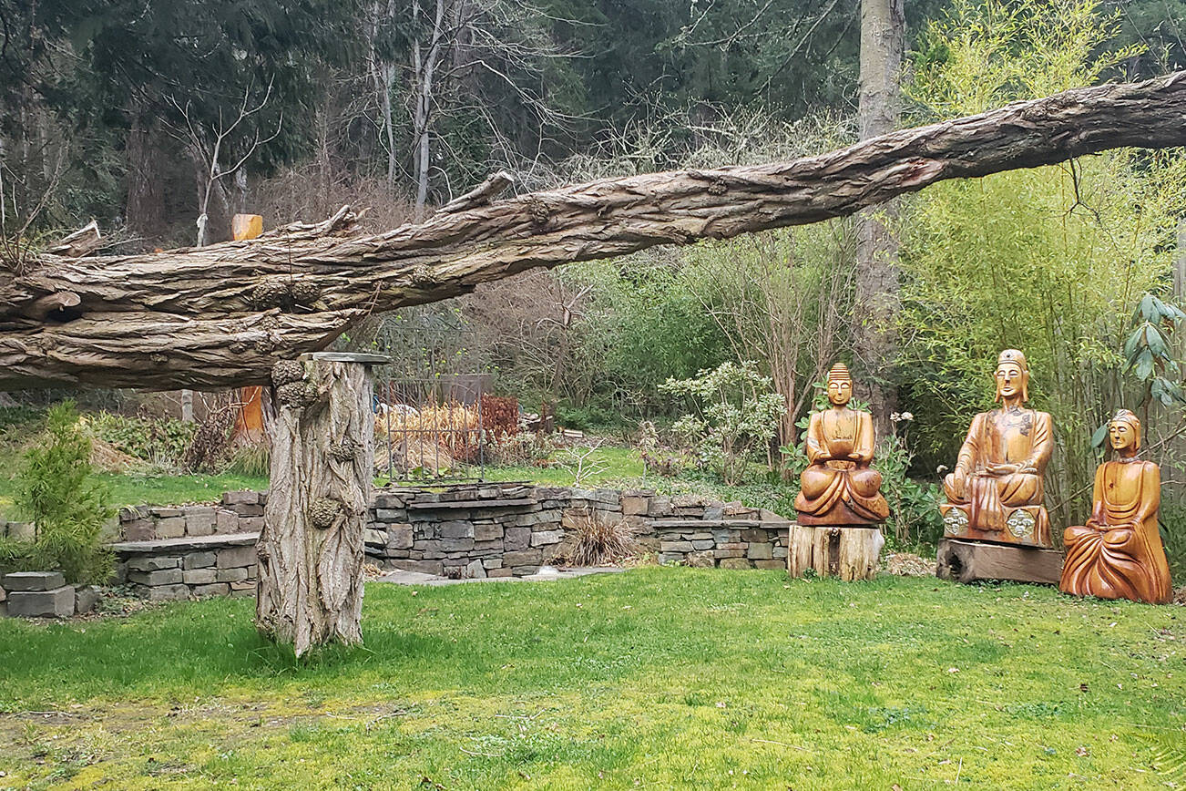 An old tree fell recently on the property near the Buddhist sculptures.