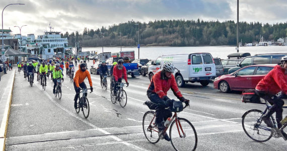 Nancy Treder/Bainbridge Island Review
And they’re off. More than 1,600 cyclists rolled onto Bainbridge Island for the 50th Chilly Hilly ride supported by several BI organizations.