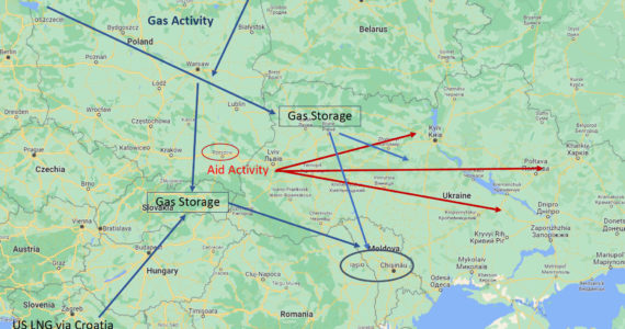 Map of Dale Perry’s work in central Europe, blue arrows show LNG storage areas and red arrows show where humanitarian aid has been delivered into Ukraine. Dale Perry graphic