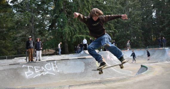 Bainbridge High School freshman Anders McInnis catches some air at the Strawberry Hill Skatepark this week. Nancy Treder/Bainbridge Review photos