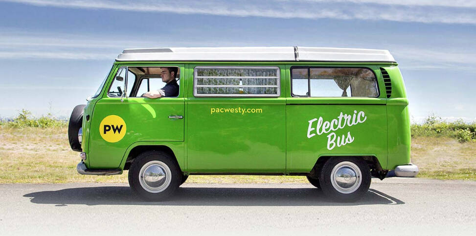 Courtesy photo
The PacWesty van “Joule,” a converted VW Westfalia van with a Tesla model 3 motor is one of the company vans making deliveries for Town & Country stores in Puget Sound.