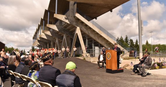 More than 150 people attended the rededication of the Veterans Memorial Monument at Bainbridge High School Monday. Nancy Treder/Bainbridge Review