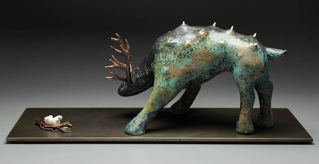 Eva Funderburgh's The Invader done in 2014, bronze and porcelain on steel base. Collection of the artist