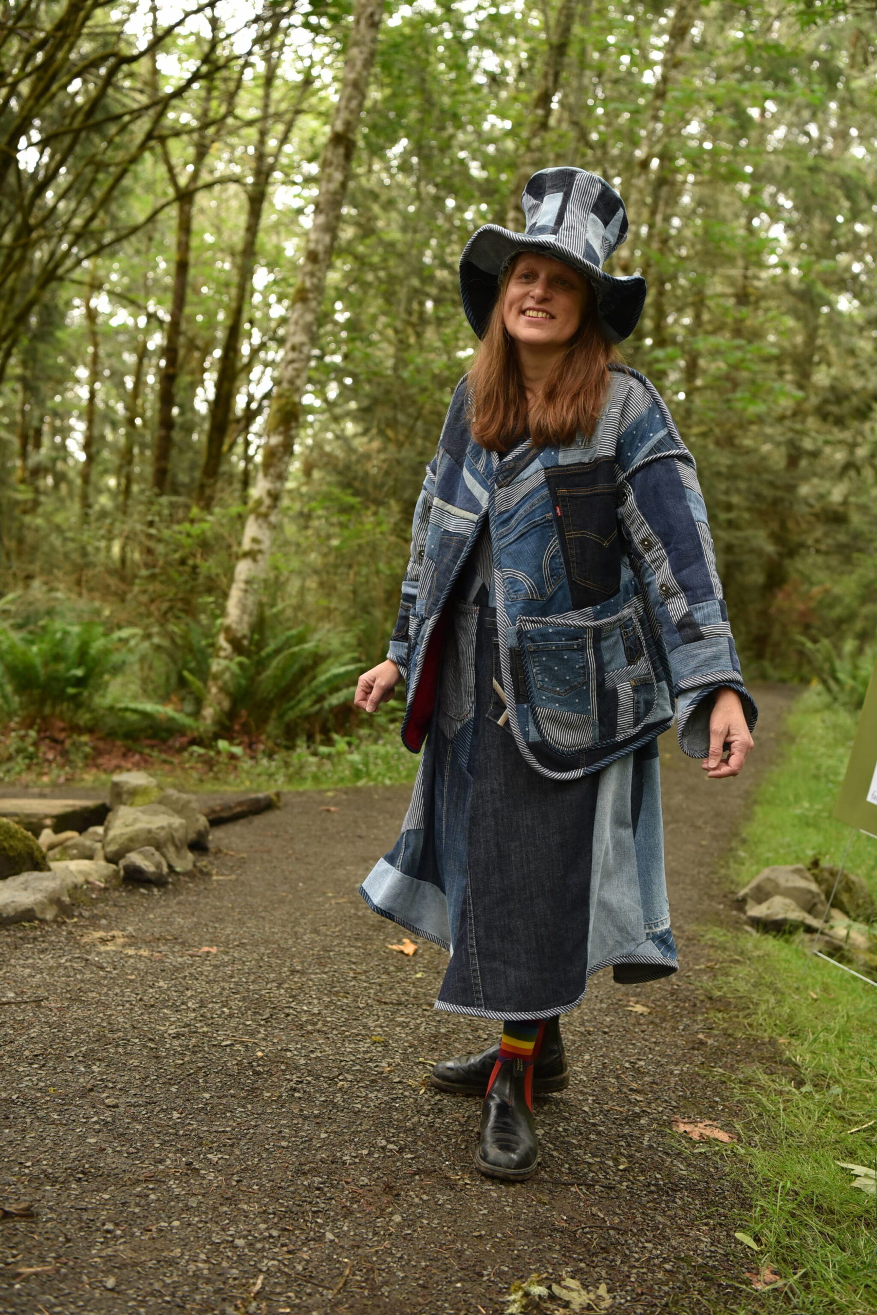 Isobel Coney modeled her denim dress, coat and hat ensemble during the Trashion Show hosted by Bainbridge Zero Waste at IslandWood June 12.