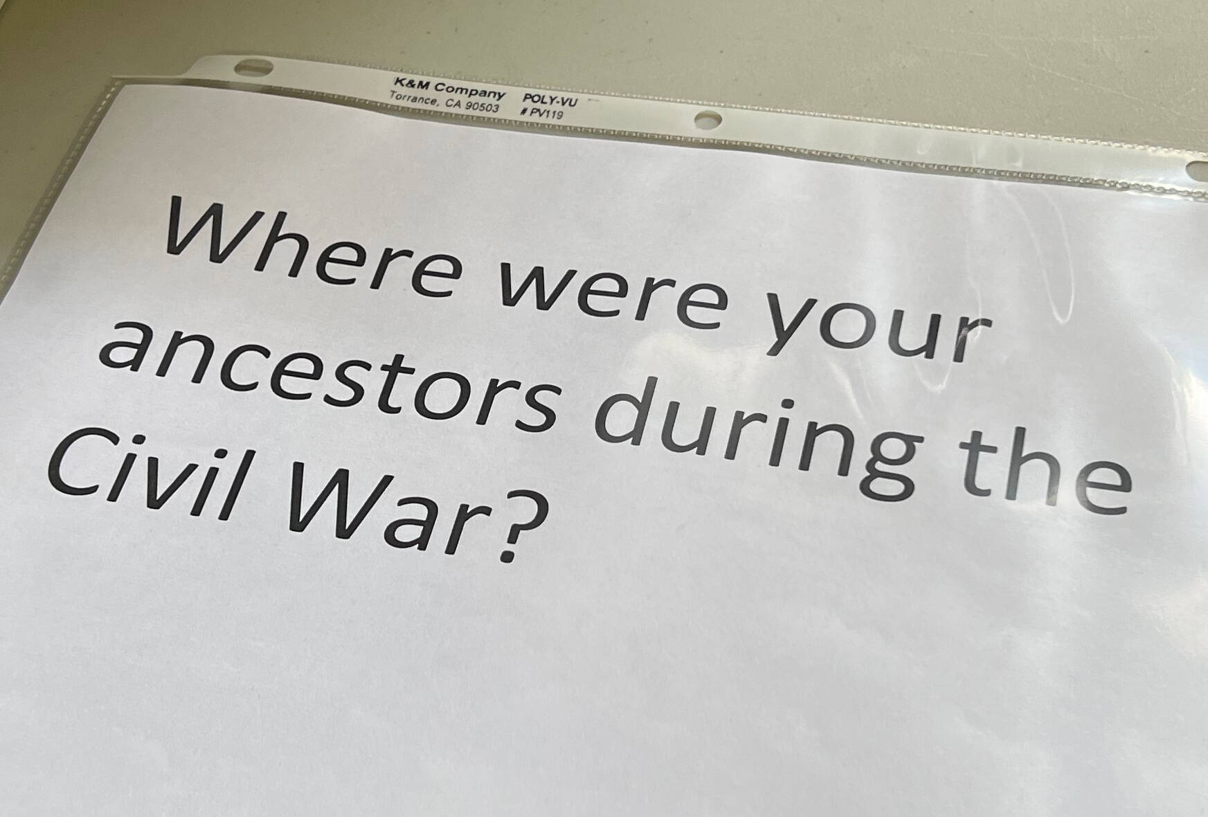One of the many questions posed to visitors as they walked through the Black history exhibit curated by Karen Akuyae Vargas for the Juneteenth celebration.