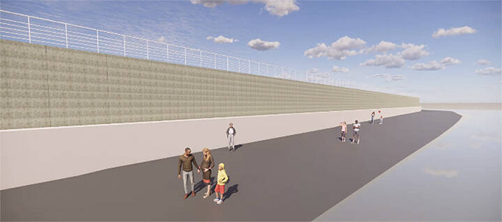 An artist’s rendition of the wall and walkway envisioned next to the water.