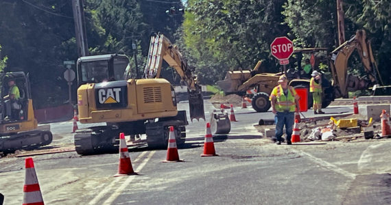 Construction crews working at the corner of Sportsman Road and New Brooklyn Road. Nancy Treder/Bainbridge Island Review