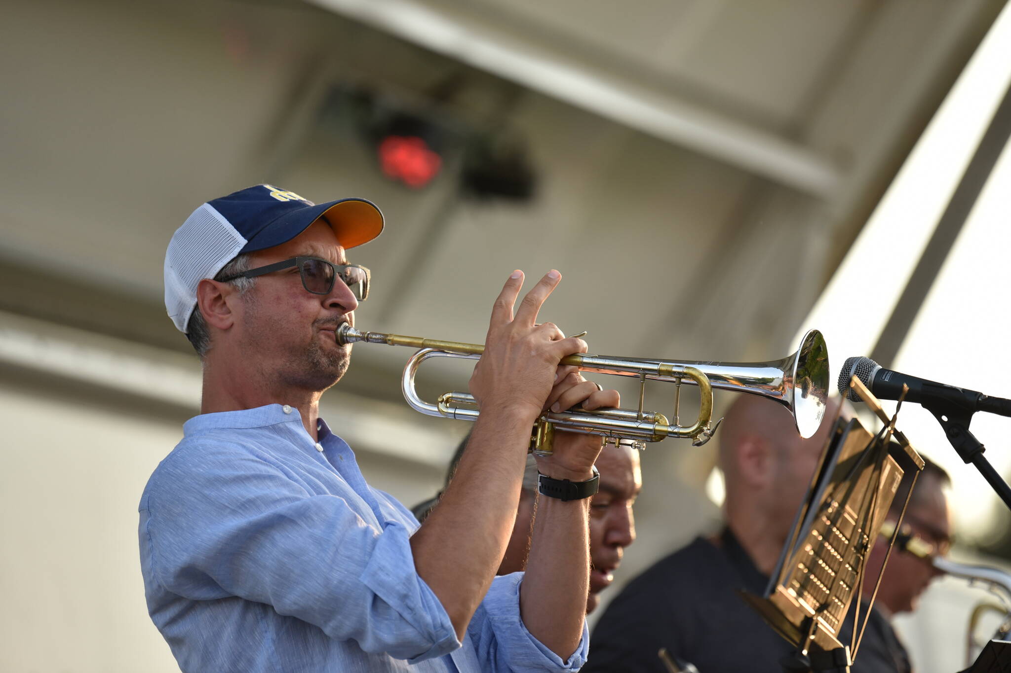 Bainbridge High School band director Chris Thomas plays trumpet in the Backstreet Jellyroll band.