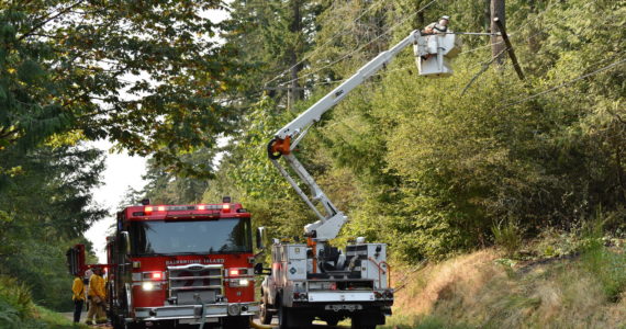 Bainbridge Island firefighters respond to a brush fire and a tree leaning on electrical wires Sept. 9 at Oddfellows Road near the intersection with Blakely Avenue NE. Nancy Treder/Bainbridge Island Review Photos