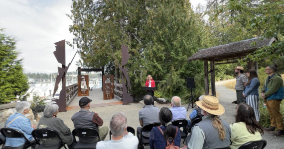 State Sen. Christine Rolfes speaks at the dedication for interpretive artwork on the Departure Deck at the Japanese American Exclusion Memorial in Pritchard Park Sept. 13. Nancy Treder/Bainbridge Island Review Photos