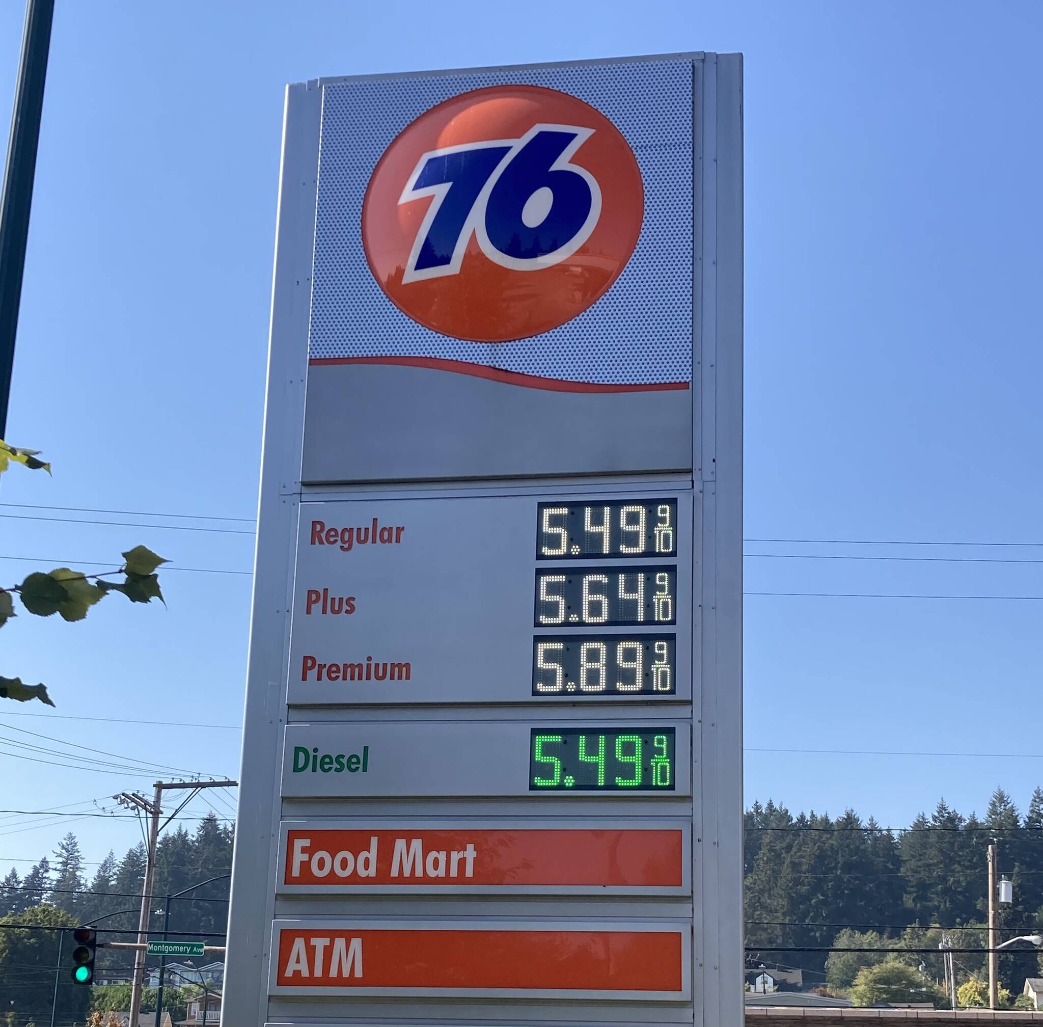 The Burwell 76 station in Bremerton displays one of the highest prices in town as of Sept. 27, with premium reaching close to $6 a gallon. Elisha Meyer/Kitsap News Group