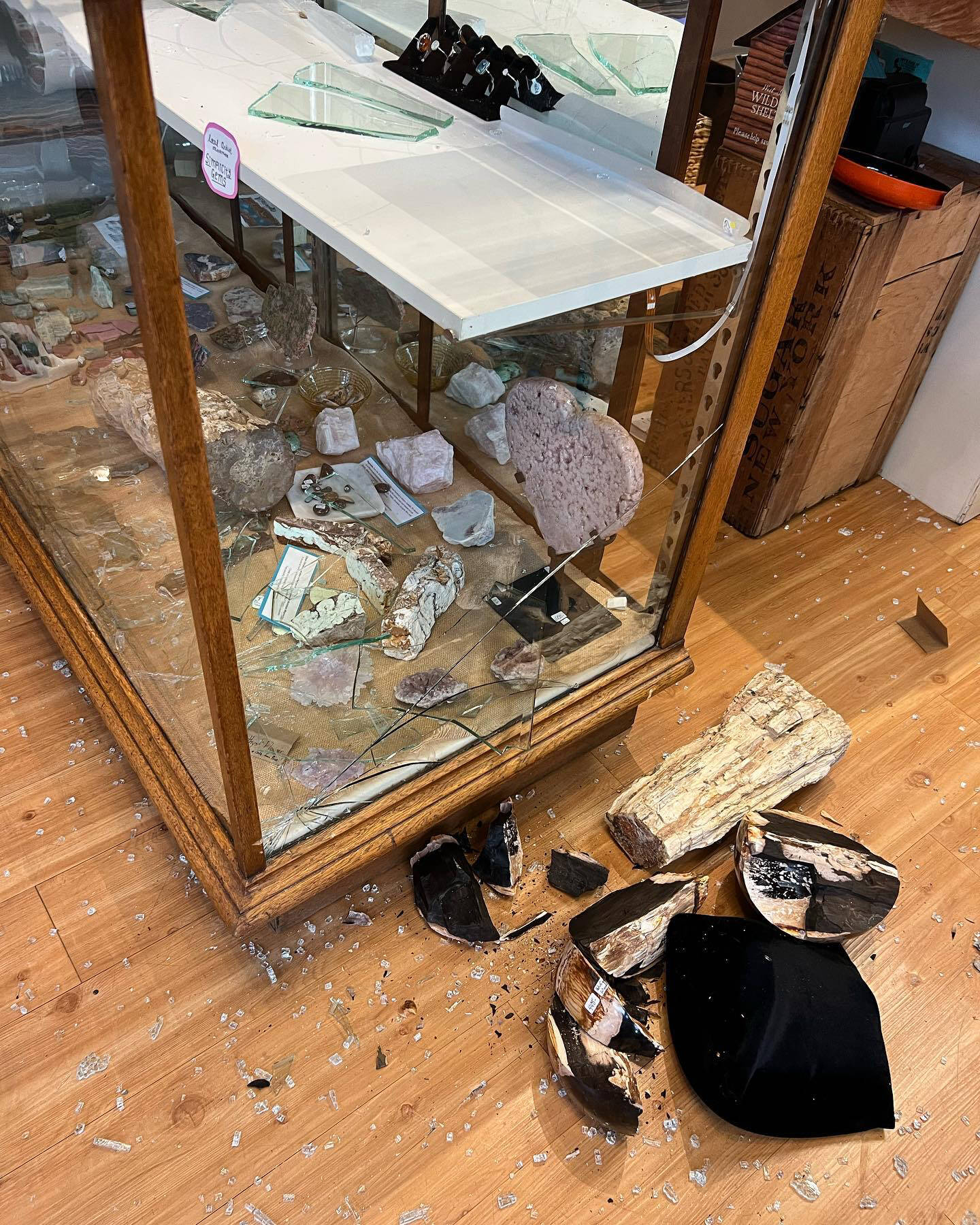 The glass display case was broken to remove jewelry.