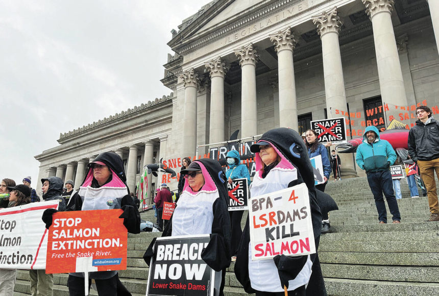 <p>Members of the Washington Youth Ocean and River Conservation Alliance and the Earth Ministry/Washington Interfaith Power & Light march from the Olympia Ballroom to the steps of the Capitol Jan. 13. Renee Diaz Courtesy Photo</p>