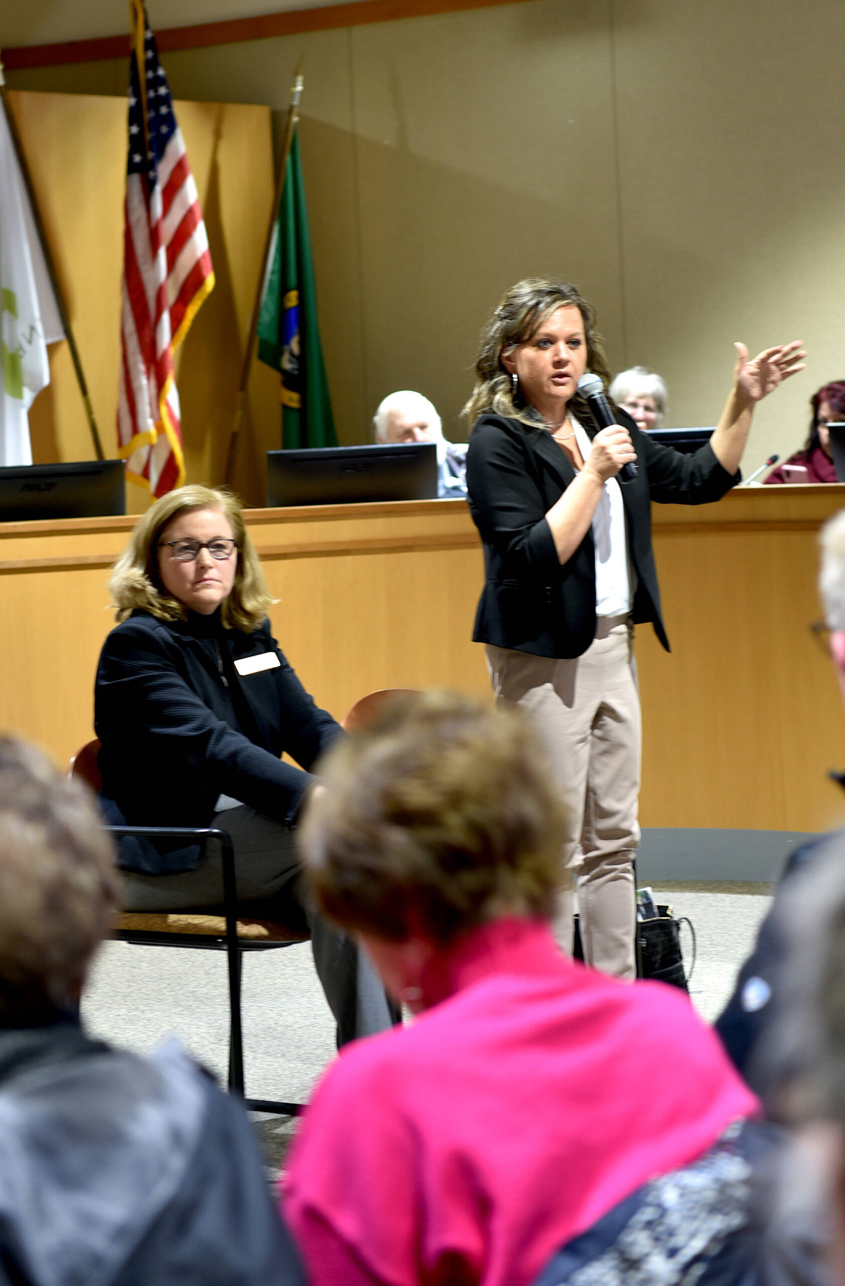 District 23 state legislator Rep. Tarra Simmons answers questions with Sen. Christine Rolfes during a Town Hall meeting with Bainbridge Island residents at City Hall March 11.