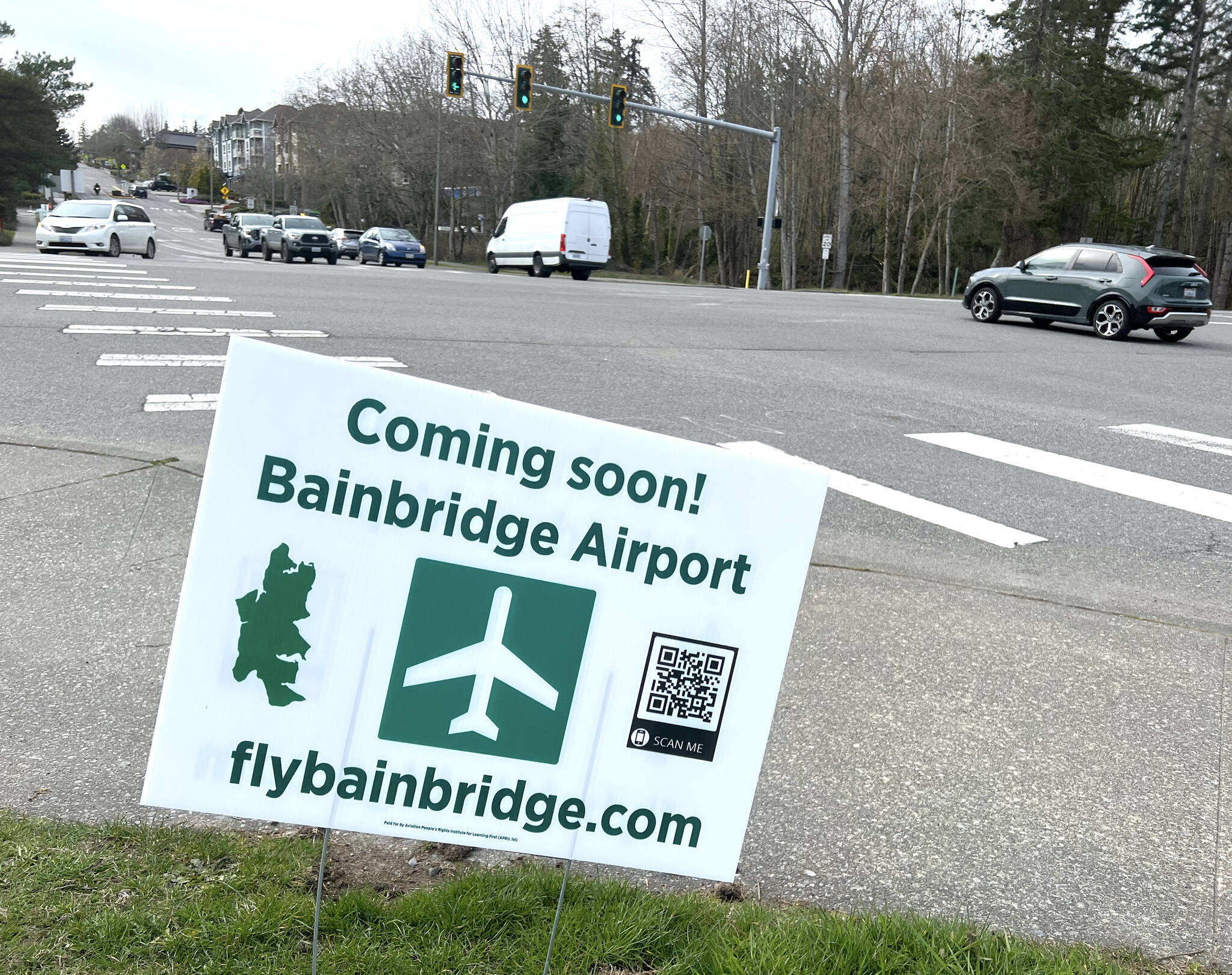 Signs about a new Bainbridge Airport appeared around the island April 1, advertising five-minute flights to Seattle instead of waiting in the ferry line. Don’t get too excited, it was part of an annual April Fools Day joke and not true. Learn more at flybainbridge.com. Another joke publicized an underwater tunnel between BI and Seattle. Nancy Treder/Kitsap News Group