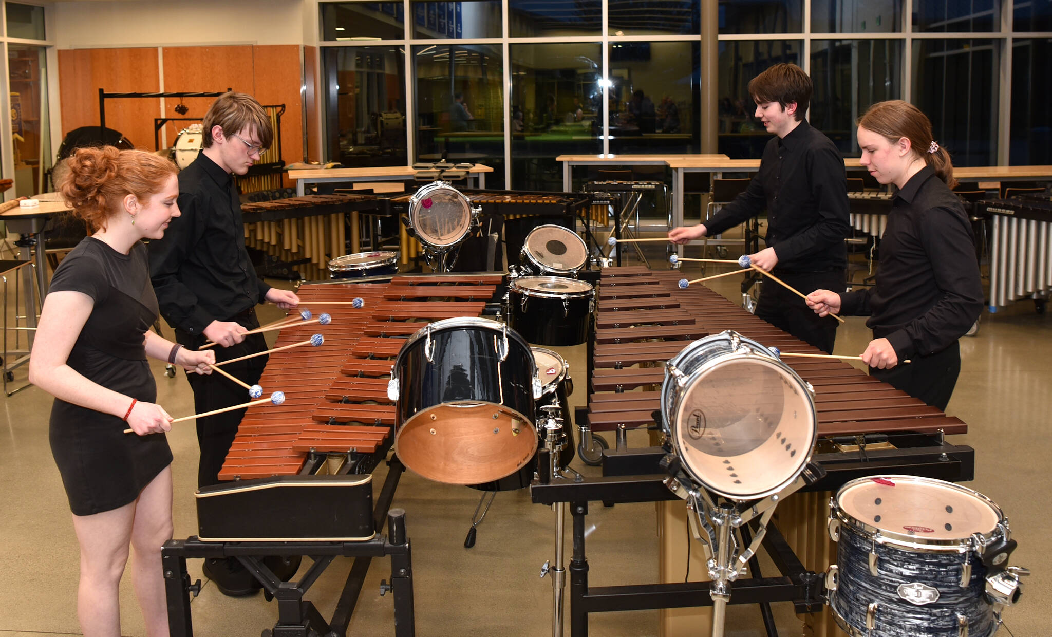 The BHS Percussion Quartet of Molly Montgomery, Ben Beckett, Cole Moomaw and Liam Jurcak won first place for small percussion ensemble at state. Nancy Treder/Kitsap News Group Photos