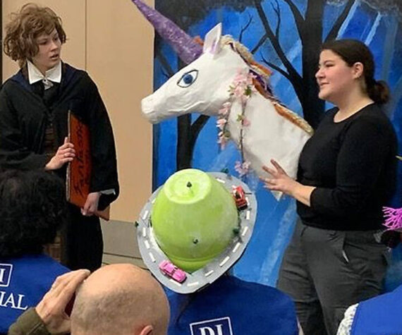 <p> Family courtesy photo</p>
                                <p>The Bainbridge High School team of Claire Ross, left, and Kate Pellegrino competed in the Destination Imagination world finals in Kansas City, MO. Their play featured Harry Potter and wandmaker Ollivander, shown here during a preliminary competition.</p>