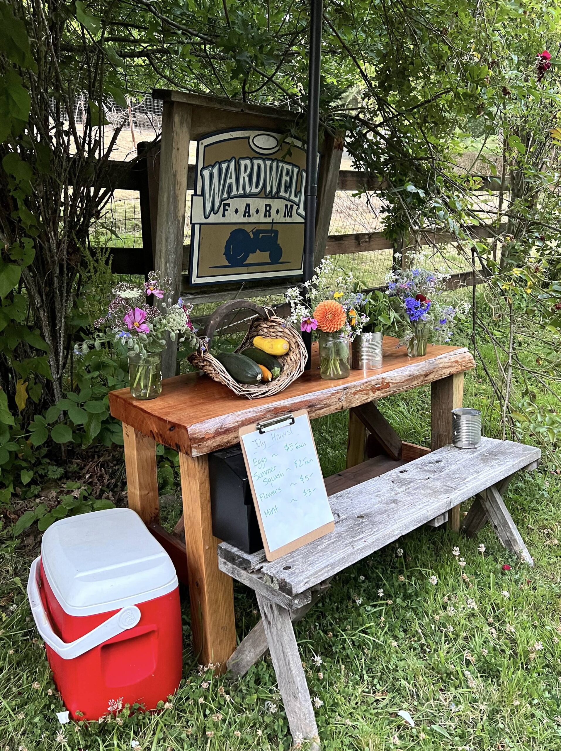 The produce stand at Wardwell Farm has fresh eggs, flowers and plenty of zucchini.