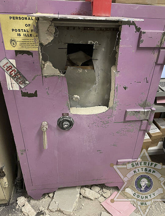 A damaged safe from the Olalla Post Office break-in.