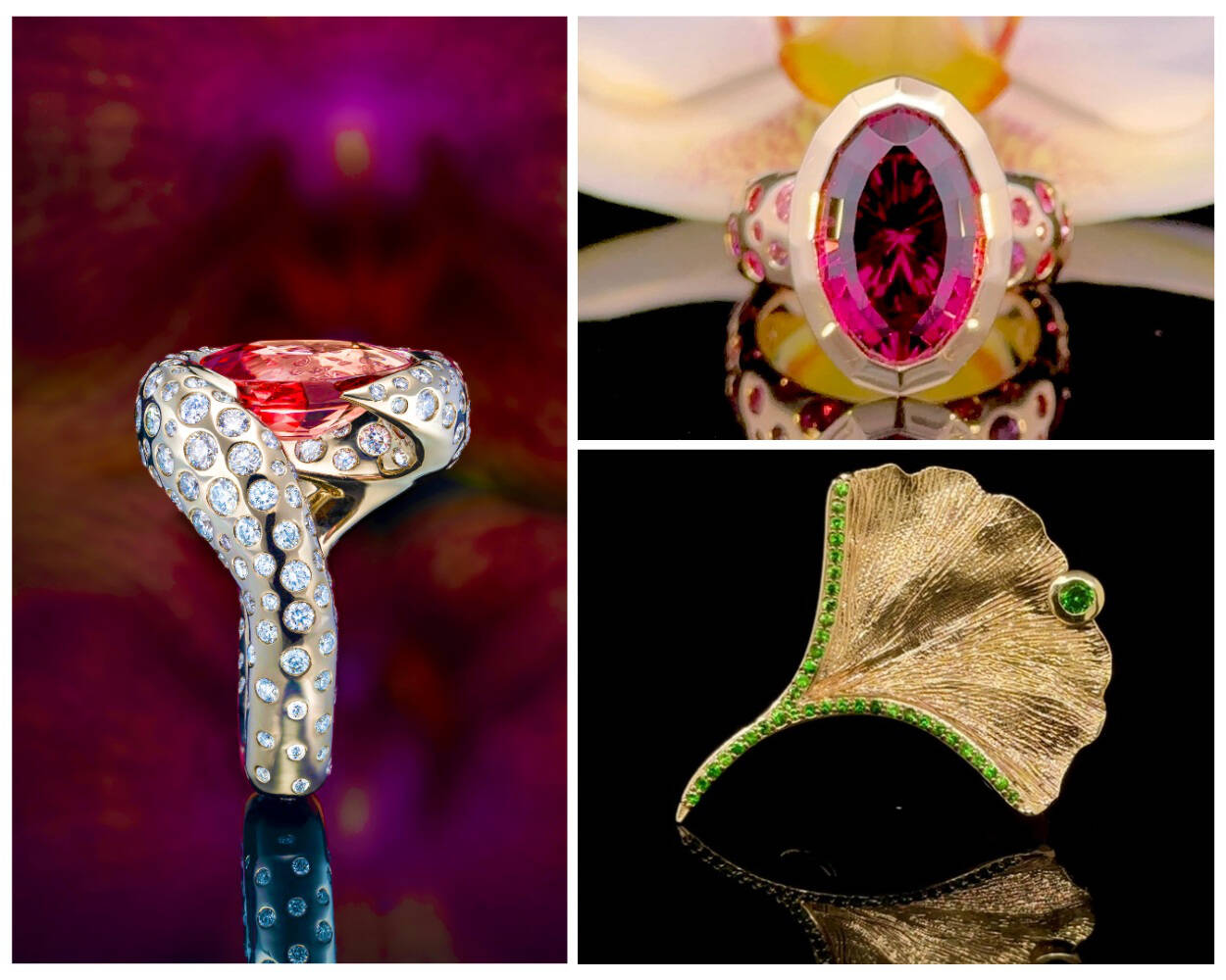 From left to right - ‘Octavia’ (far left) ft. a 6.7 ct. Dragon garnet and diamonds, ‘Scarlet’ (top right) ft. rubies, sapphires, Rhodalite garnets, and amethyst, ‘Gingko leaf’ (bottom right) ft. Tsavorite garnets.