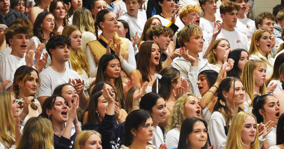 Nicholas Zeller-Singh/Kitsap News Group
Bainbridge students pack the gym at North Kitsap High School last week as the boys lost but the girls won in basketball games. Because of declining enrollment, the Spartans will drop to the 2A level.