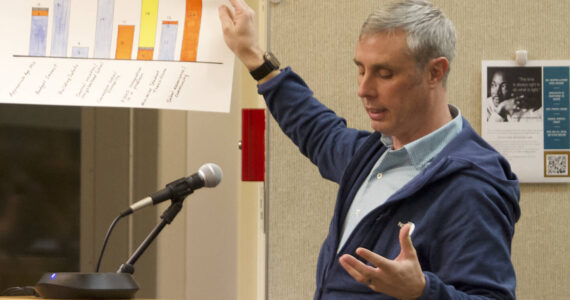 Molly Hetherwick/Kitsap News Group Photos
Ordway Elementary parent and self-described “data geek” JJ Blackwood holds up a bar chart demonstrating the breakdown of school closure scenario preference by school attendance at the Bainbridge Island School Board meeting Jan. 25.