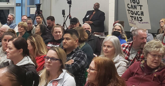 Tyler Shuey/Kitsap News Group Photos
It was standing-room only at the Feb. 8 NKSD school board meeting, with many showing up to show their displeasure with the board and superintendent Laurynn Evans following her being named a suspect in a case involving the theft and disposal of campaign signs against the Feb. 13 NKSD bond measure.