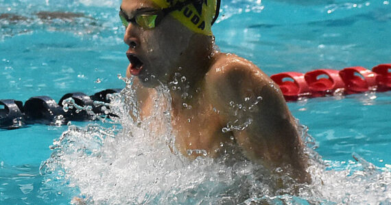 Nicholas Zeller-Singh/Kitsap News Group Photos
Spartan Eddie Nakhuda does the breaststroke for the medley relay team.