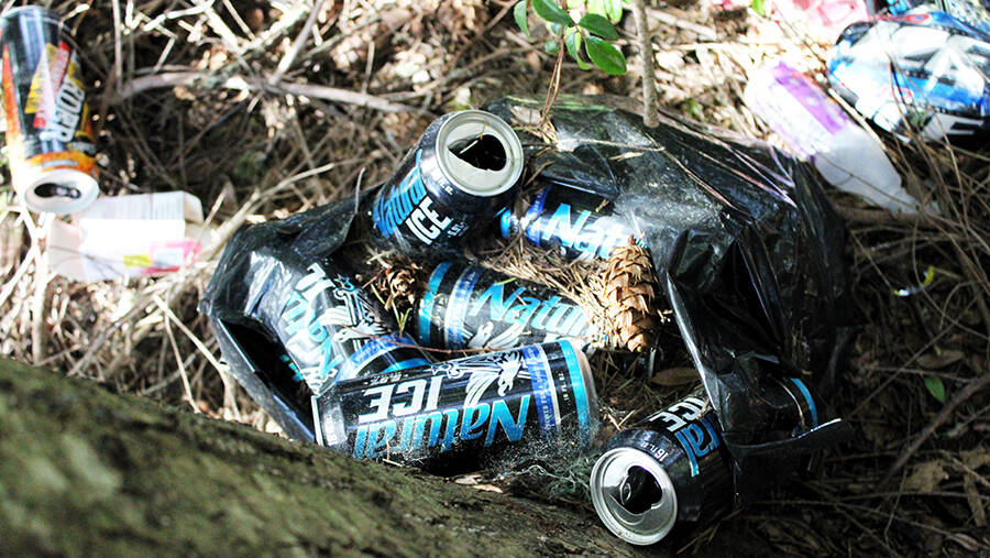Elisha Meyer/Kitsap News Group
A bag of beer cans and other debris lie with other piles of trash in a roadside wooded area.
