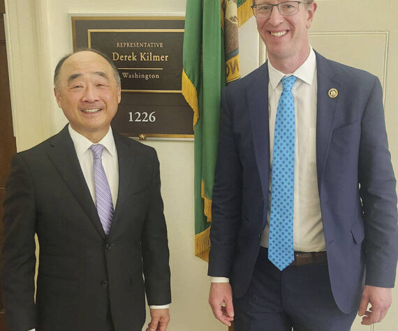 <p>Derek Kilmer courtesy photos</p>
                                <p>Councilmember Clarence Moriwaki and U.S. Rep. Derek Kilmer with Kilmer’s official plaque in the Congress building.</p>