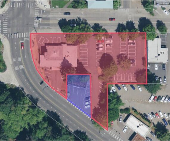 City of Bainbridge courtesy photo
A highlighted footprint of the building that could replace the old police station at 625 Winslow Way.