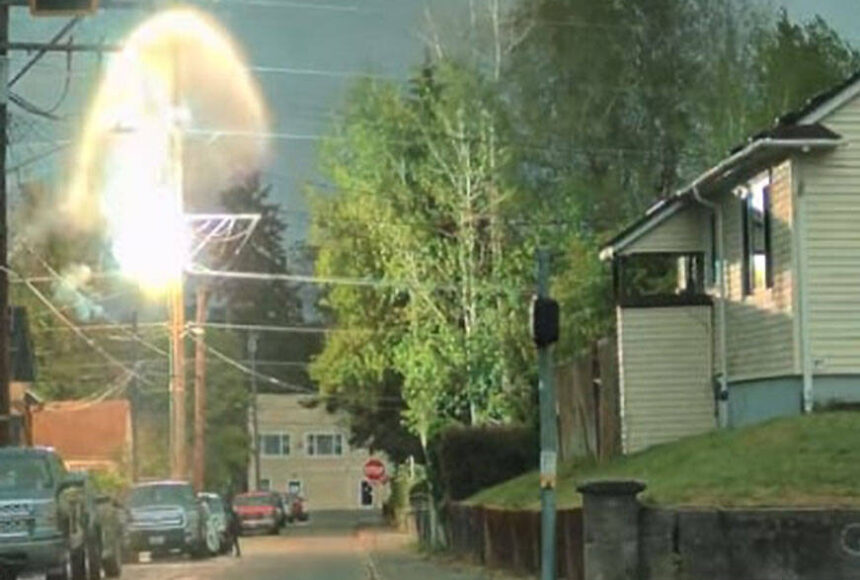 <p>Brandi Marie courtesy photo</p>
                                <p>A cloud of smoke and fire erupts from a transmission pole in Bremerton in an image captured by eyewitness video footage.</p>